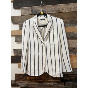 Theory Blazer Jacket 'Brightdale' Cream Wide Blue Gray Stripe Linen Size 8